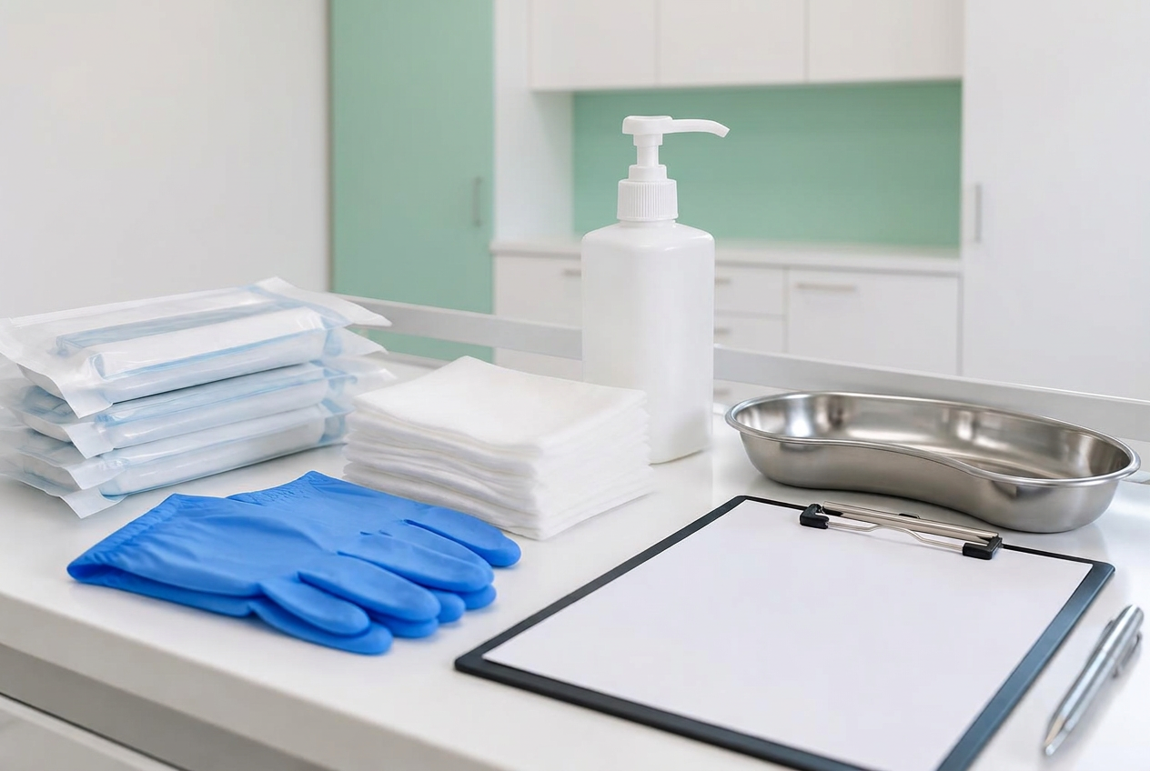Hygienisch vorbereiteter Arbeitsplatz für den Basis-Fußpflegekurs Online